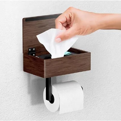 Wholesale Handmade Wood Toilet Paper Holder Flushable Wipes Dispenser Wall Mount Toilet Paper Holder with Shelf