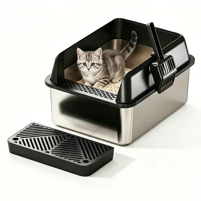 Stainless Steel Cat Litter Box Easy Clean Large-Space Semi-Enclosed Cat Toilet With Scoop Removable Basin
