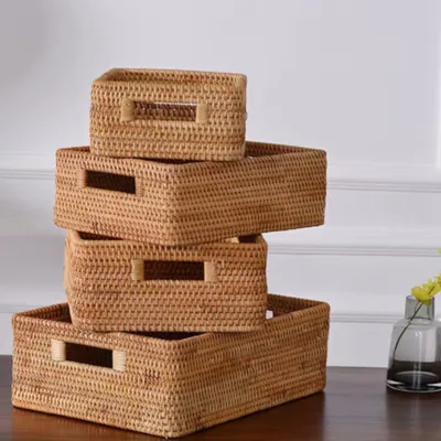 Handmade Rectangle Woven Rattan Basket and Wicker Basket for Home Cosmetic Cloth Bathroom Living Room Storage Housewarming Gift