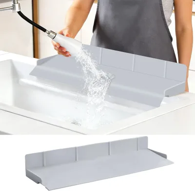 Silicone Reusable Washable Sink Splash Guard with Extra-High Ramp and Suction Cups Front-Edge Storage for Kitchen