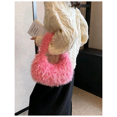 New Tassel Fur Women's Autumn/Winter Cute Plush Small Square Open Strapless Under-Arm Handbag Versatile Candy-Colored