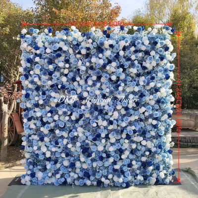 Factory Custom 5d Fabric Base Flower Wall 2*2 Artificial Hig Quality Blue Flower Wall Panel Backdrop Decor