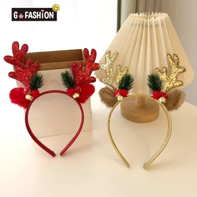 Factory Wholesale Glitter Sequin Reindeer Antler Headband With Bell Pine Feather Christmas Hair Hoop Xmas Party Costume Use