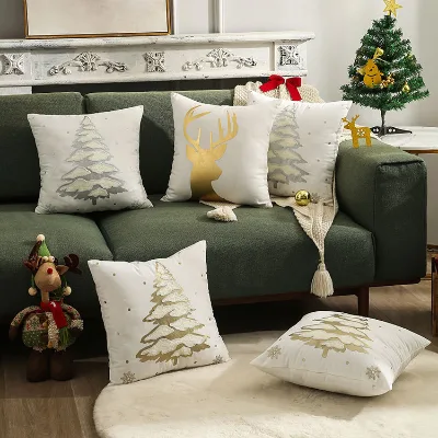 Elk Christmas Tree Foil-Printed Plush Pillowcase Autumn/Winter Snowflake Embroidered Cushion Cover 45x45 Modern Minimalist Style