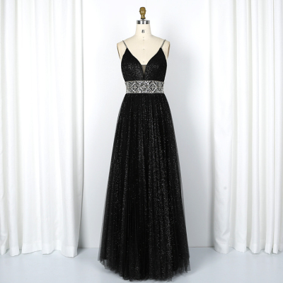 Hot Sale Tulle Spaghetti Strap Beaded Deep v Neck Backless Shiny Evening Dress Black Prom Dress Ladies Prom Dresses