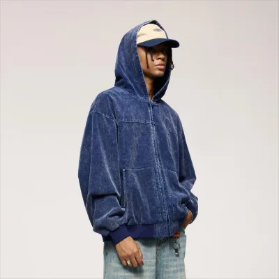QUICKSHOW Vintage Washed Corduroy Hoodie Jacket Thick Pocket Zipper Winter Cargo Jacket Coat for Men