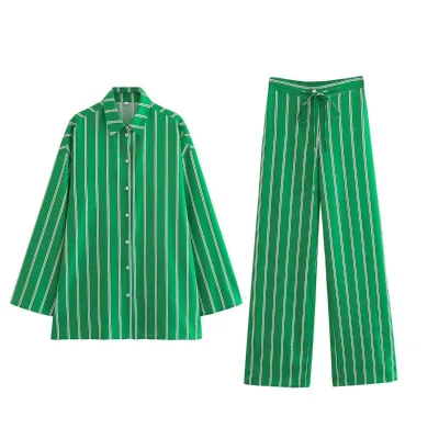 Women's Green Shirt and Pants Set Summer New Casual Striped Trousers Large Profile Lapel Long-sleeved Elegant and Chic Shirt