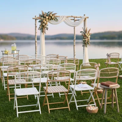 Lightweight Foldable PE Rattan Wicker Wedding Guest Chair Matte White & Natural Wood Metal Frame