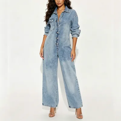 Wide Leg Denim Jumpsuit Women Loose Fit Lapel Single Breasted Long Sleeve One Piece Jean Outfit Casual Trendy Romper
