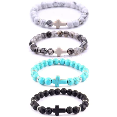 Gemstone lava Turquoise Beaded Bracelet Stretch with Cross Charm 8mm, Length:Approx 7.5 Inch