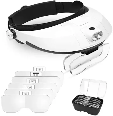 1X 1.5X 2X 2.5X 3.5X 5 Lens Headband Magnifier, Head Mount Magnifying Glass with LED Light for Professional Repairing