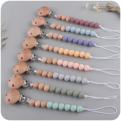 New Baby Products Beech Wood Round Clip Pacifier Chain to Soothe the Baby Silicone Beads Beech Wood Beads Anti-Drop Chain