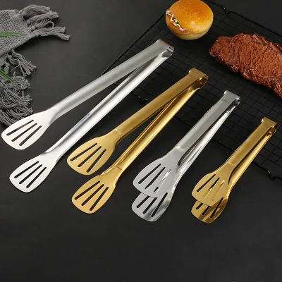 201 Stainless Steel Three-Prong Food Tongs Gold-Colored; Rust Prevention; Bread Barbecue Grilling Meat Multipurpose Tongs;