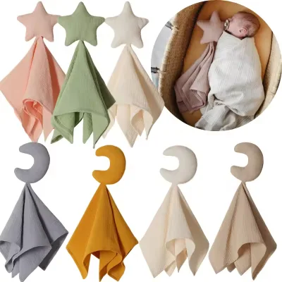Baby Sleeping Toy Super Soft Fabric 100% Cotton Plush Star and Moon Chewable Baby Comforter Toy Baby Lovey Security Blanket
