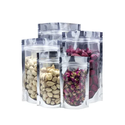 Silver Resealable Stand up Zipper Bag with Transparent Window Gravure Printed PET+PE Moisture Proof Food Storage for Pet Food