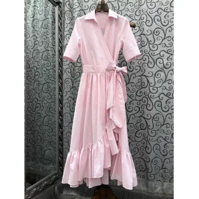 Top Quality New Long Dress 2026 Summer Women Turn-down Collar Striped Prints Bow Belt Short Sleeve Pink Long Maxi Dress Party