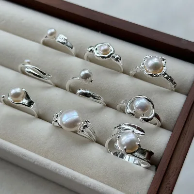 Simple Fashion Multiple Design Open Rings S925 Sterling Silver Ring Fresh Water Pearl Rings for Women