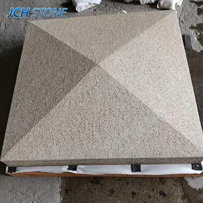 Sand-Colored G682 Granite Stone Bush Hammered Side Wall Attached Column Pillar Pilaster Top Covers Caps