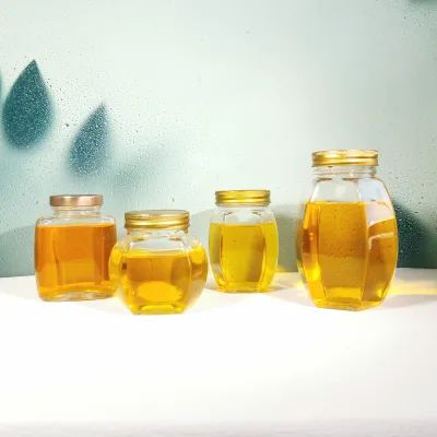 Wholesale 350ml Clear Custom Logo Glass Hexagon Shaped Honey Jars with Lid for Sugar & Candy Storage Custom Color Available