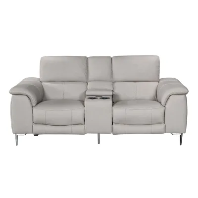 Modern Beige Genuine Leather Motion Loveseat Set with Console Electric Recliner Sofs Extendable Wood Frame Mental Legs