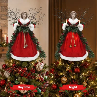 Christmas New Arrival Vintage Red Velvet Dress Angel Tree Top Star Artificial Branches Pine Cones Berries Christmas Decorations