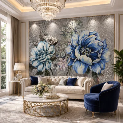 Elegant Peony Flower Glass Mosaic Painting Custom Handmade Mosaic Mural for Home Luxury Villa Living Room Feature Wall Art