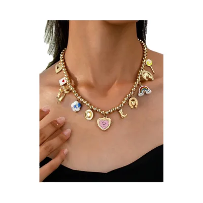 Chic Fashion Multi-Pendant Beaded Necklace Heart-Shaped Dial Cowboy Boots Lucky Horseshoe Rainbow Ceramic Decoration Trendy Link