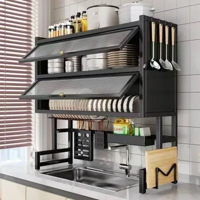 Metal Kitchen Sink Organizer Drain Rack Bowl Rack Double-layer Standing Type Dustproof Storage Rack with Punch-free Design