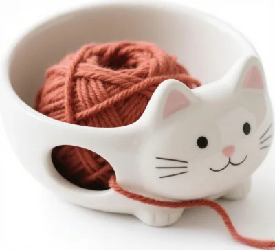 Ceramic Yarn Bowl - Handcrafted Cat Design with Silk Smooth Thread Channel Hole, Knitter's Dream Gift