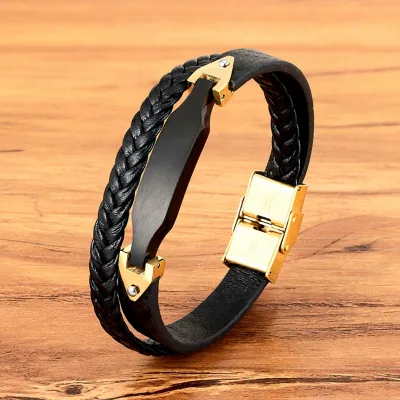 Men's Fashion Stainless Steel Leather Bar Bracelet Engraved Logo Bezel Setting Punk Style Popular Anniversary Party Wedding Gift