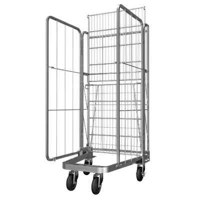 European Galvanized Collapsible Warehouse 4 Sides Metal Roll Cage Trolley With Wheels