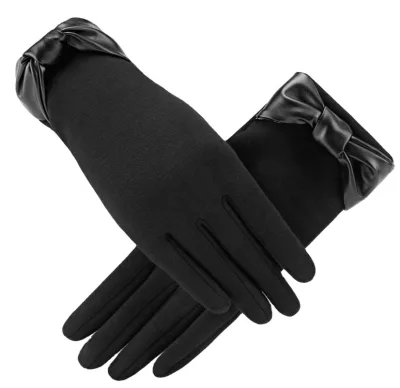 Winter Hand Bridal Touch Screen Warm Liner Unisex Fleece Wool Gloves Leather Bow Cotton Polyester Blend Wrist Length Outdoor Use