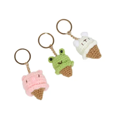 Cartoon 3D Animal Ice Cream Cone Pendant Cute DIY Wool Crochet Keychain Student Gift Plush Keychains