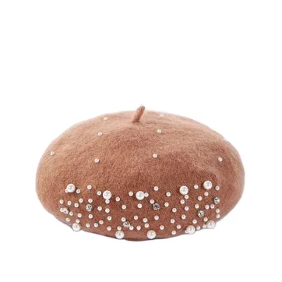 Berets-EA039 Winter Wool Beret With Rhinestone Pearls Beads Female Cap Autumn Spring Hat Solid Color Top Quality Women Boina