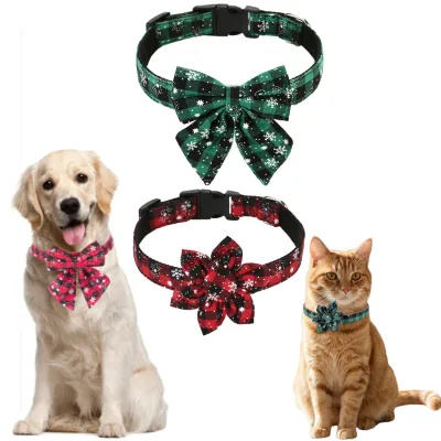 Wholesale Luxury Christmas Snowflake Sunflower Pattern Bowtie Plaid Pet Dog Cat Collar with Bowknot Designer Custom Manufacturer