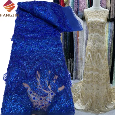 Latest Design Wedding Lace Fabric Luxury African Heavy Beaded Lace Gabric Tassels Lace Fabrics Sequins Lace Fabrics for Women