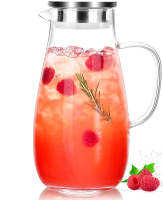 Glass Pitcher With Lid and Spout, 1.8 Liter Glass Pitchers With Handle and Lid, Jug Water Pitchers for Fridge,