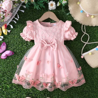 New Summer Dress Sweet Lovely Princess Dress 3d Butterfly Mesh Lantern Sleeve Flower Girls' Dresses