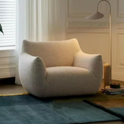 Cream White Bouclé Boucle Accent Chair Rounded Curved Silhouette Floor Seated Plush Cozy Modern Minimalist Living Room Furniture