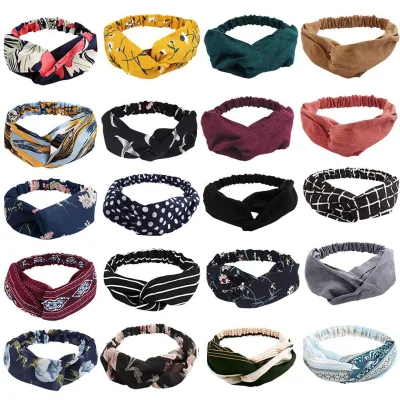 DS006 Women Boho Headbands Elastic Hair Bands Cross Hair Wrap Twisted Headband Vintage Polka Dot Print Wide Cross Headband