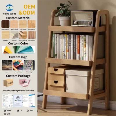 Modern Three-Layer Solid Oak Bookshelf with Ladder and Stable Frame Eco-Friendly Durable for Living Room Bedroom