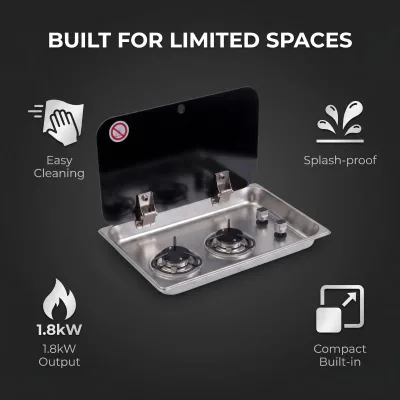 304 Stainless Steel Brushed Silver Lightweight Built-in RV 2 Burner Gas Stove with Lid for Motorhome Caravan Kitchen