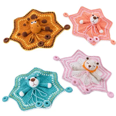 Newborn Gifts 100% Handmade Crochet Knit Baby Comforters Lovely Stuffed Animal Head Toy Soft Crochet Security Blanket
