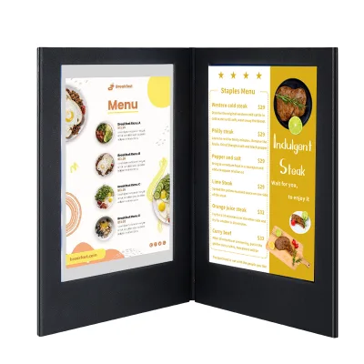 Wholesale Pu Rechargeable Electronic Restaurant Menu Board Light Up Porte Menu Restaurant Double Page Led Menu Folders