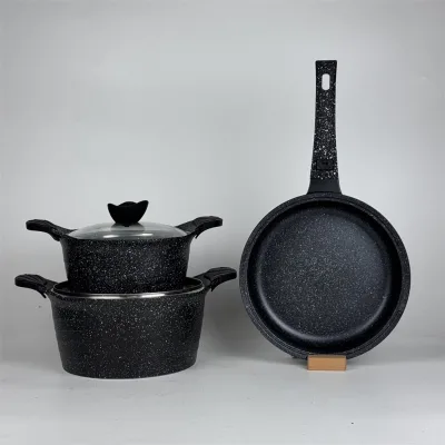 DINGYOU Modern Black Korean Nonstick Aluminum Cookware Set 20-24cm Stockpot+28cm Fry Pan Induction Safe for Home Cooking