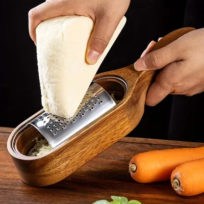 Wooden Base Cheese Grater with Stainless Steel Blade Professional Kitchen Vegetable Shredder with Storage Box