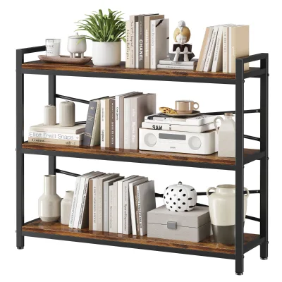 39.37\" Rustic Brown Vintage Farmhouse Bookshelf 3-Tier Wood Metal Etagere Bookcase for Kitchen Modern Wooden Big Book Shelf