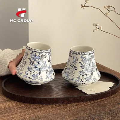 Luxury Blue Flower Glazed Porcelain Cup High Appearance Espresso Latte Ceramic Mug Coffee Mugs