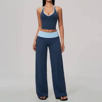 Trendy Y2K 2 Piece Workout Outfits for Women Contrast Trim Halter Top High Waisted Wide Leg Pants Gym Fitness Athletic Suits