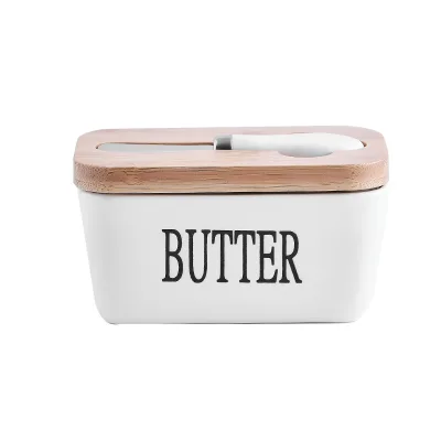 Custom Rectangular Ceramic Butter Dish with Knife Cheese Food Container Ceramic Butter Box with Bamboo Lid